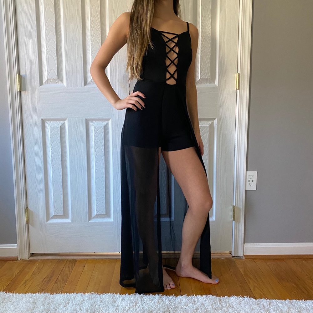 Black Romper with Sheer Train Size S